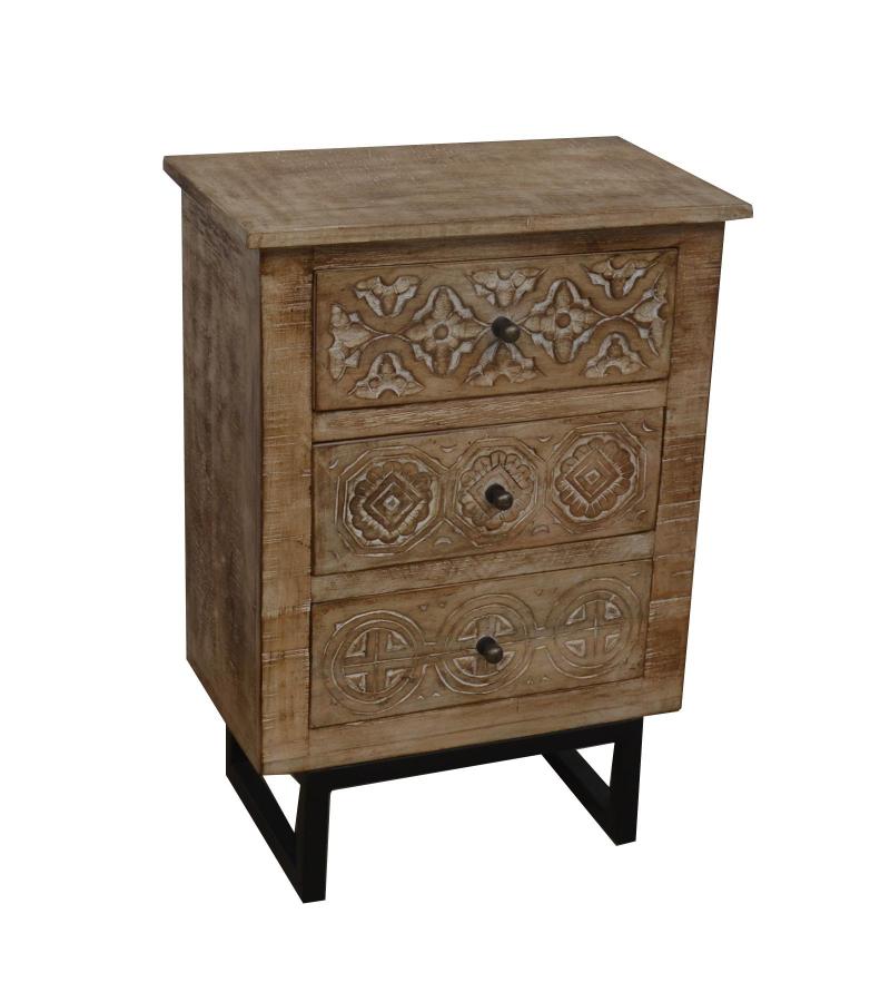 SOLID HAND CARVED WOOD 3 DRAWER NIGHTSTAND / END TABLE