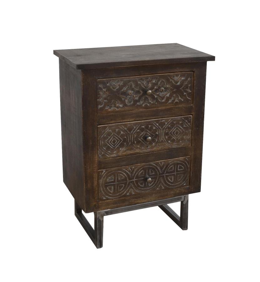 SOLID HAND CARVED WOOD 3 DRAWER NIGHTSTAND / END TABLE