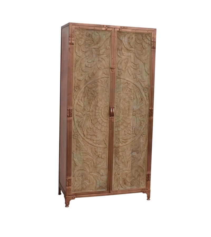 SOLID CARVED WOOD + METAL DOUBLE DOOR CABINET
