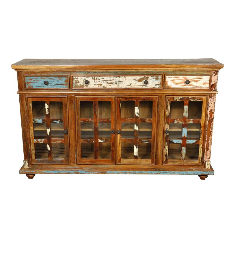 SOLID RECLAIMED TEAK WOOD & GLASS SIDEBOARD CABINET W/ 3 DRAWERS & 4 DOORS
