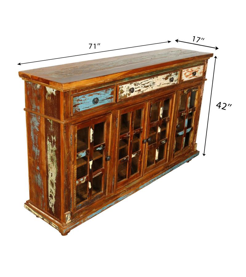 SOLID RECLAIMED TEAK WOOD & GLASS SIDEBOARD CABINET W/ 3 DRAWERS & 4 DOORS