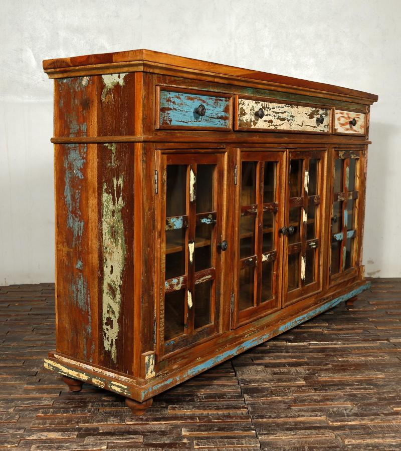 SOLID RECLAIMED TEAK WOOD & GLASS SIDEBOARD CABINET W/ 3 DRAWERS & 4 DOORS