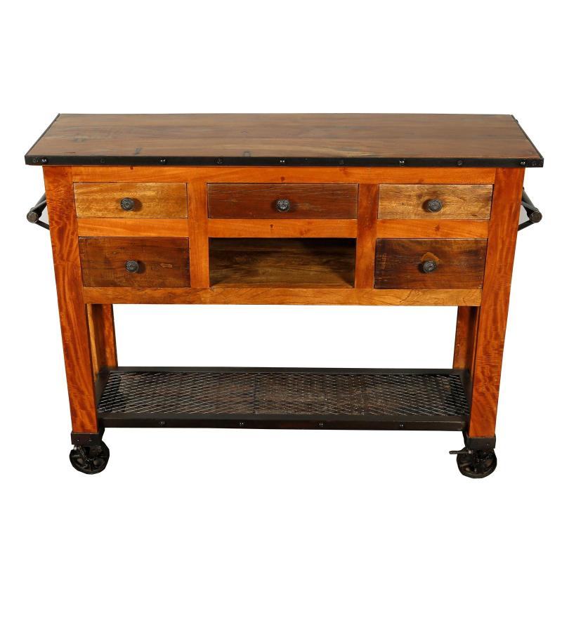SOLID RECLAIMED TEAK WOOD CONSOLE ISLAND ON CASTERS W/ 5 DRAWERS
