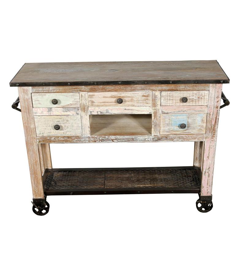 SOLID RECLAIMED TEAK WOOD CONSOLE ISLAND ON CASTERS W/ 5 DRAWERS