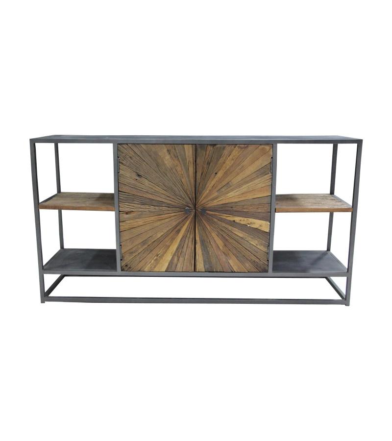 SOLID WOOD & IRON SIDEBOARD W/ OPEN SHELVES
