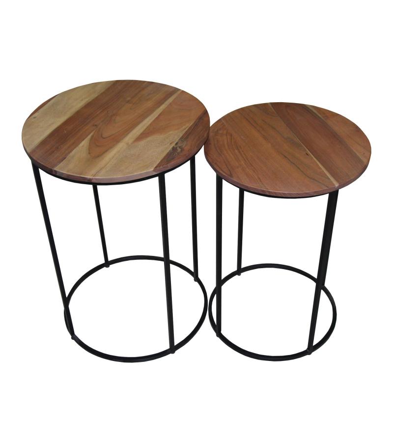 SET OF 2 SOLID WOOD & IRON END TABLES