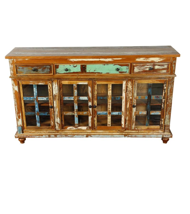 SOLID RECLAIMED TEAK WOOD & GLASS SIDEBOARD