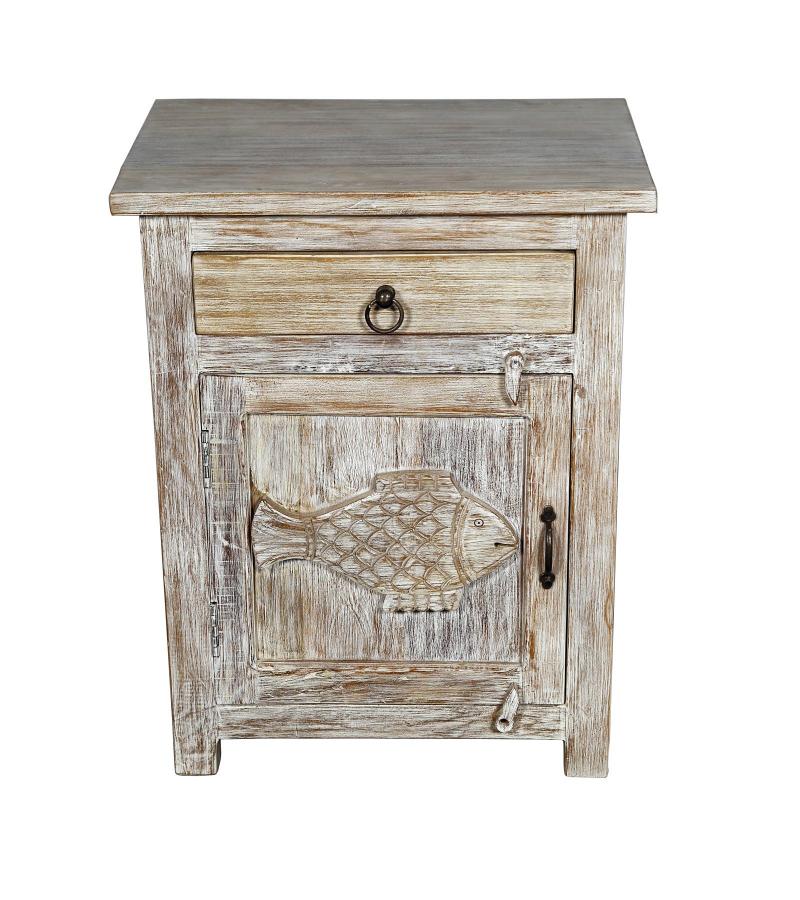 SOLID RECLAIMED TEAK WOOD W/ CARVED FISH END TABLE / NIGHTSTAND