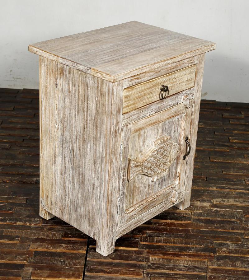 SOLID RECLAIMED TEAK WOOD W/ CARVED FISH END TABLE / NIGHTSTAND
