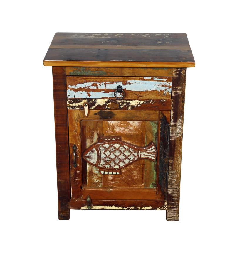 SOLID RECLAIMED TEAK WOOD W/ CARVED FISH END TABLE / NIGHTSTAND