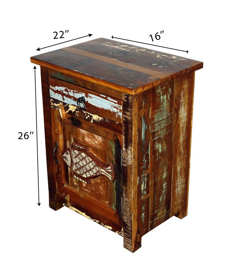 SOLID RECLAIMED TEAK WOOD W/ CARVED FISH END TABLE / NIGHTSTAND