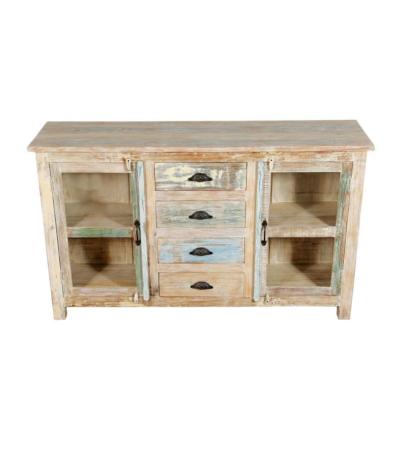 SOLID RECLAIMED TEAK WOOD & GLASS W/ 4 DRAWERS & 2 DOORS