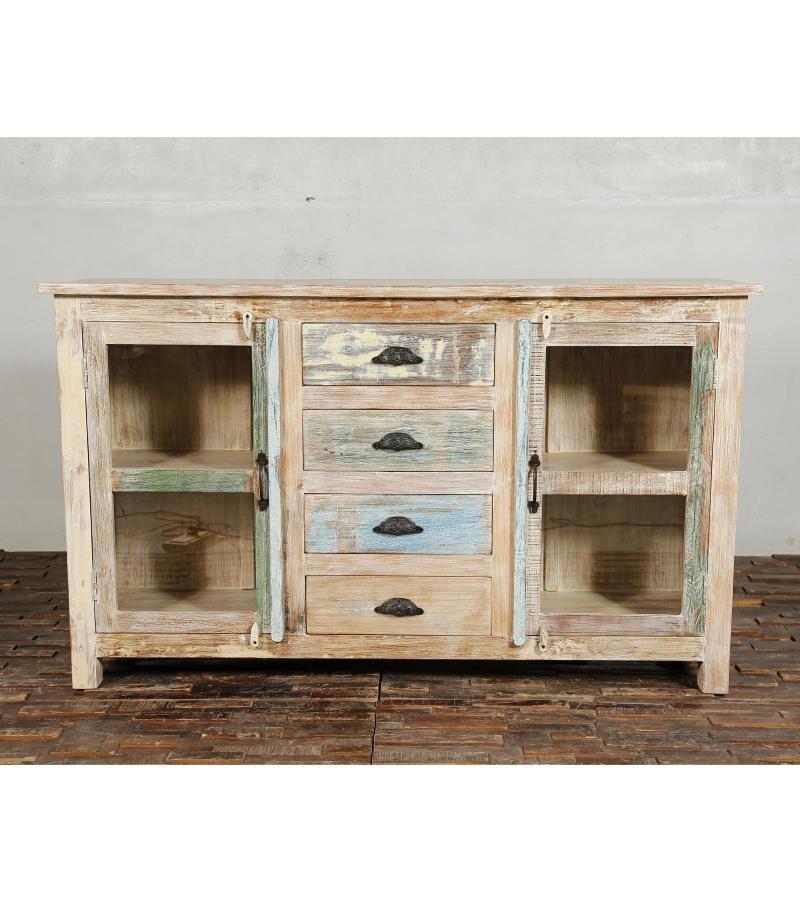 SOLID RECLAIMED TEAK WOOD & GLASS W/ 4 DRAWERS & 2 DOORS