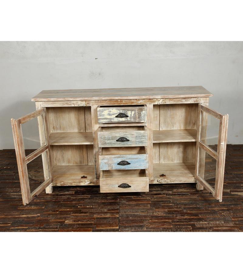 SOLID RECLAIMED TEAK WOOD & GLASS W/ 4 DRAWERS & 2 DOORS