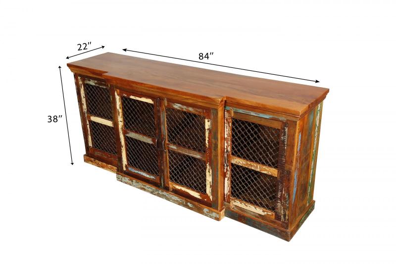 SOLID RECLAIMED TEAK WOOD, GLASS & MESH SIDEBOARD