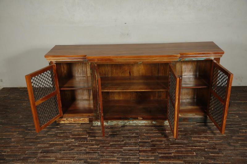 SOLID RECLAIMED TEAK WOOD, GLASS & MESH SIDEBOARD