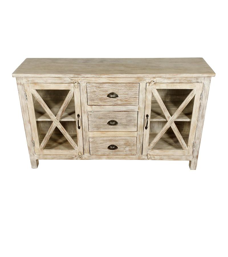 SOLID RECLAIMED TEAK WOOD & GLASS SIDEBOARD W/ DRAWERS & DOORS