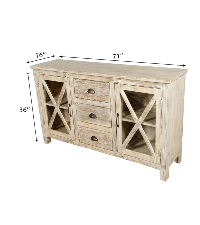 SOLID RECLAIMED TEAK WOOD & GLASS SIDEBOARD W/ DRAWERS & DOORS