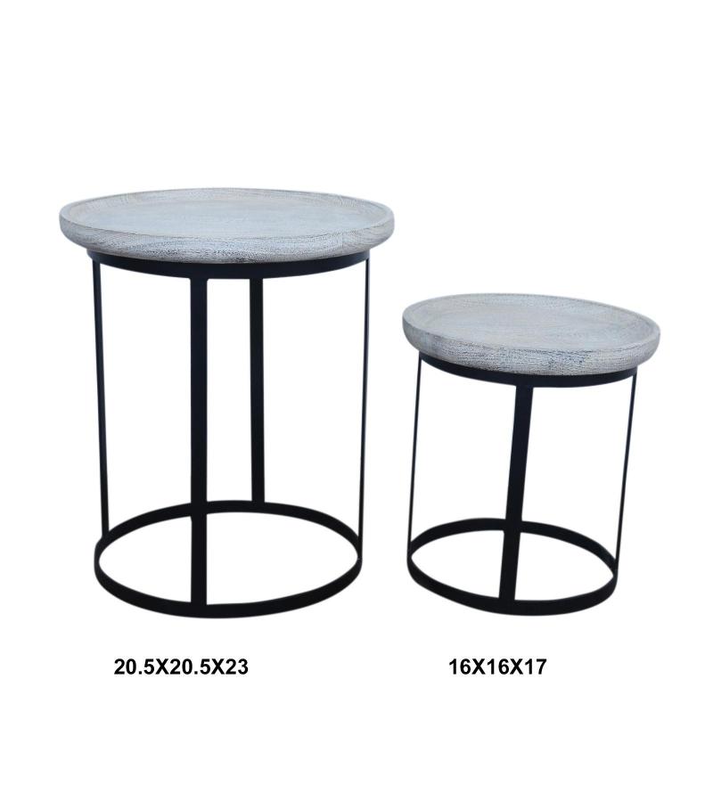 PAIR OF SOLID WOOD & IRON SIDE TABLES