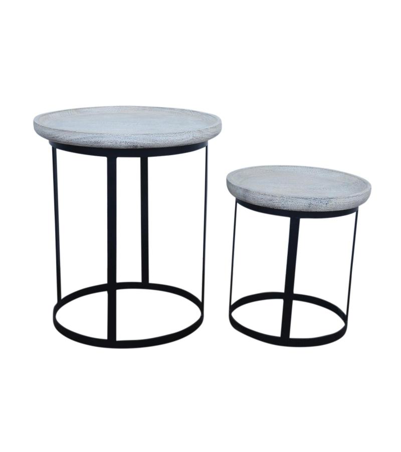 PAIR OF SOLID WOOD & IRON SIDE TABLES
