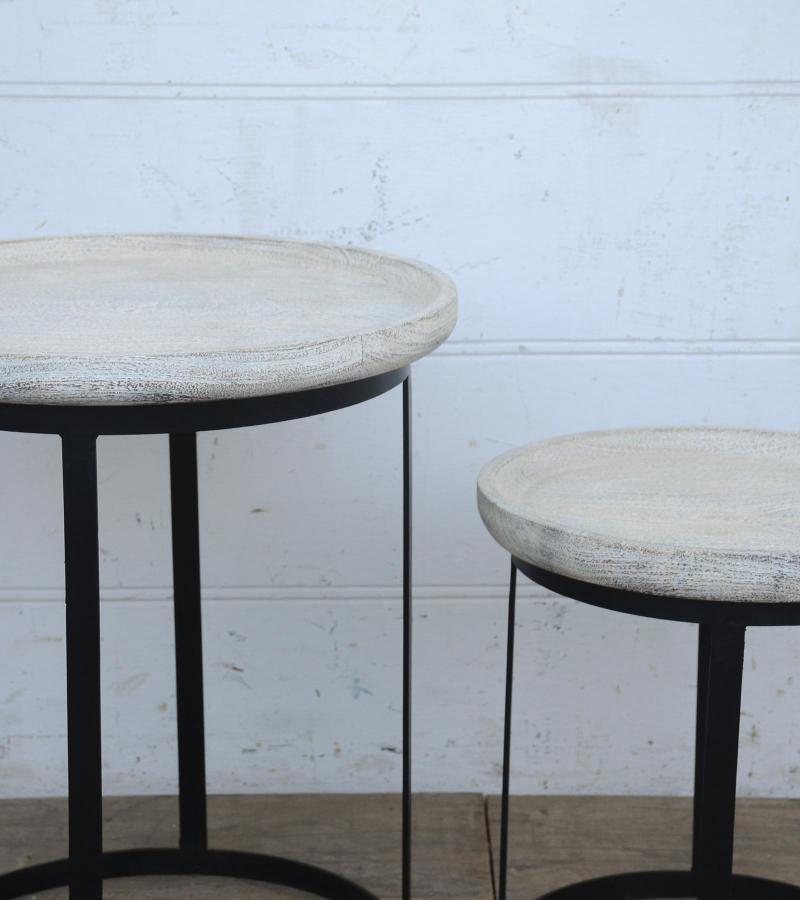 PAIR OF SOLID WOOD & IRON SIDE TABLES