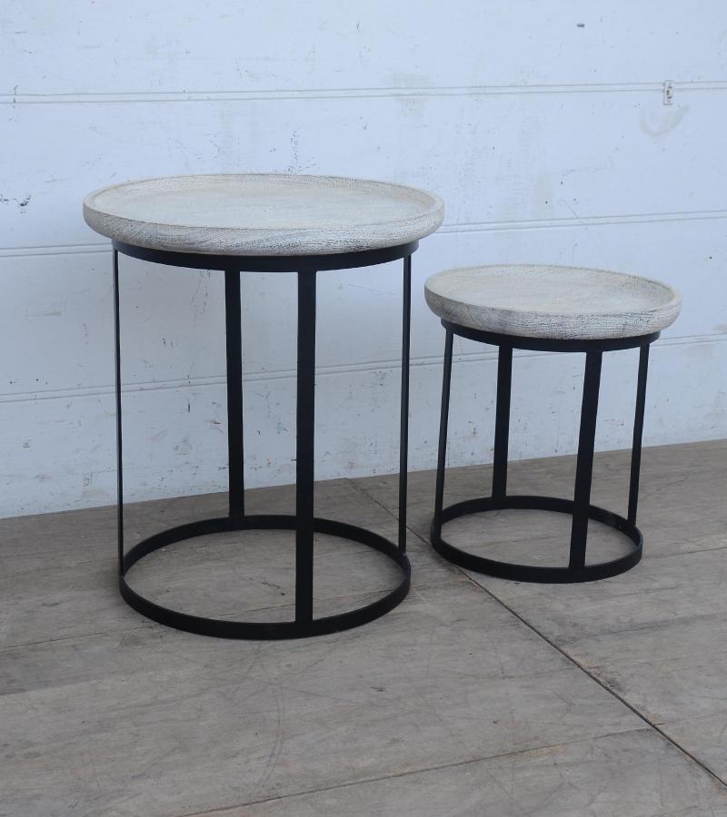 PAIR OF SOLID WOOD & IRON SIDE TABLES
