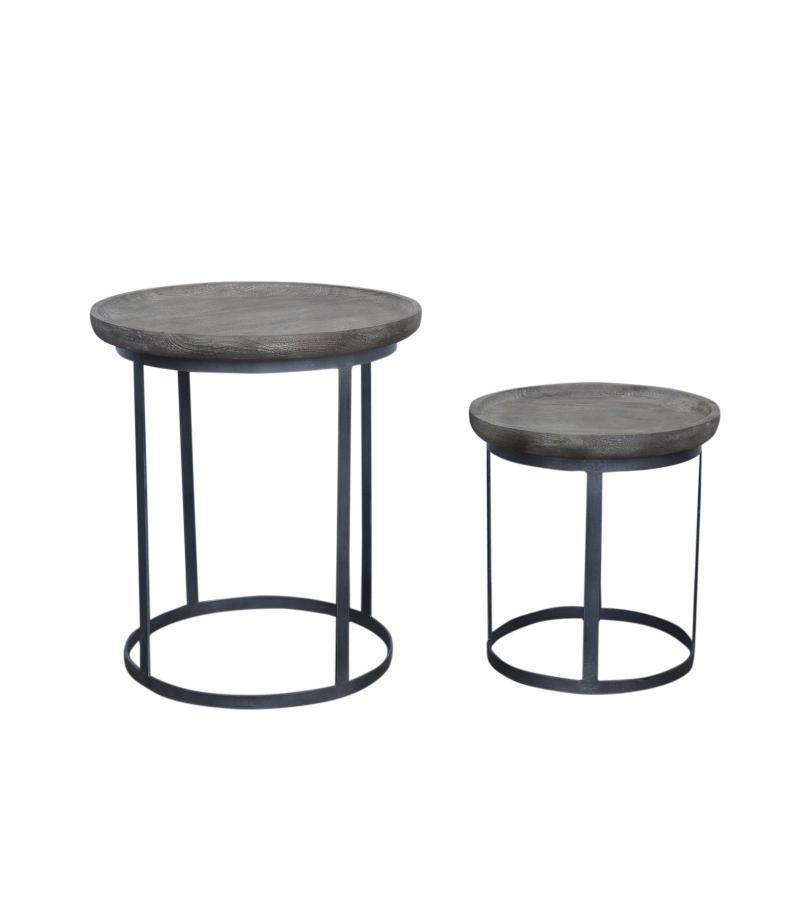 PAIR OF SOLID WOOD & IRON END TABLES