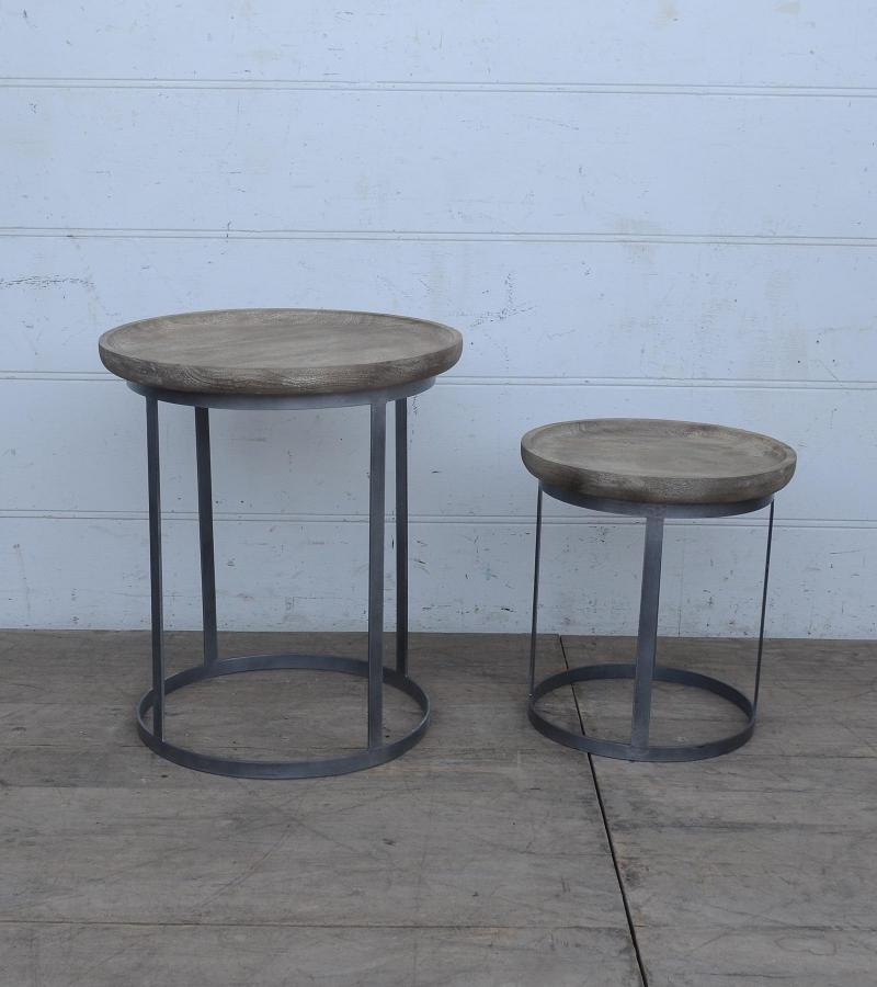 PAIR OF SOLID WOOD & IRON END TABLES