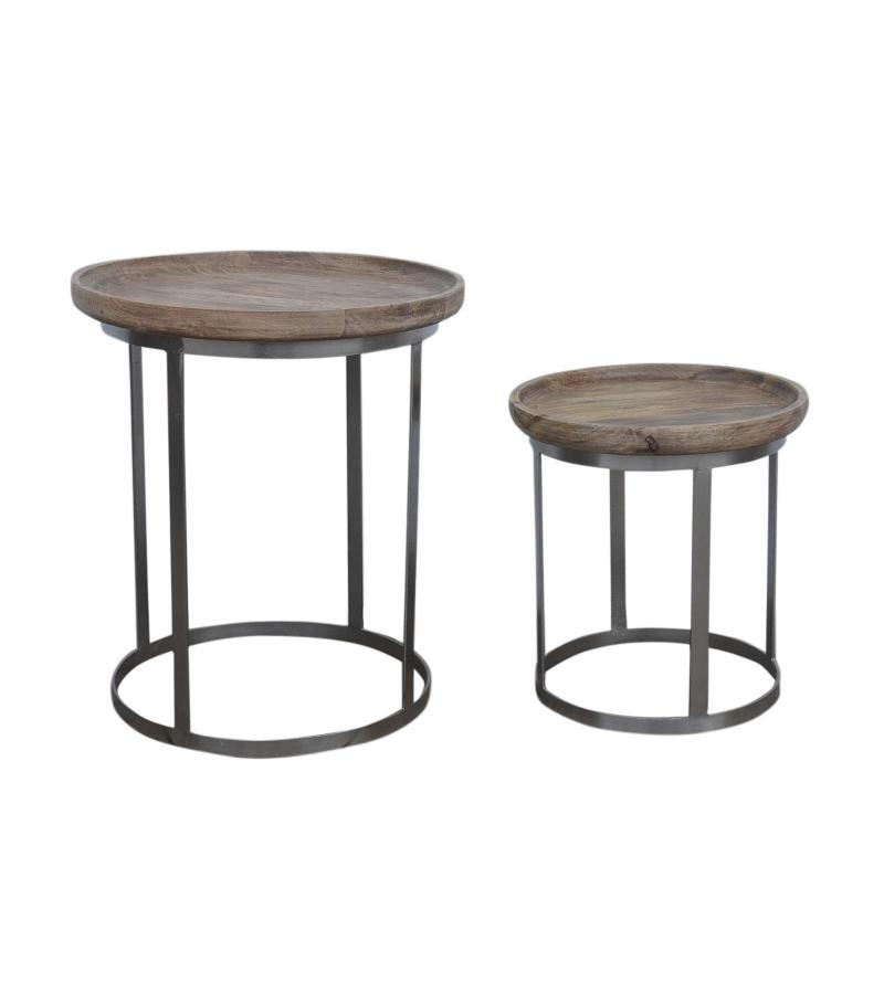 PAIR OF SOLID WOOD & IRON END TABLES