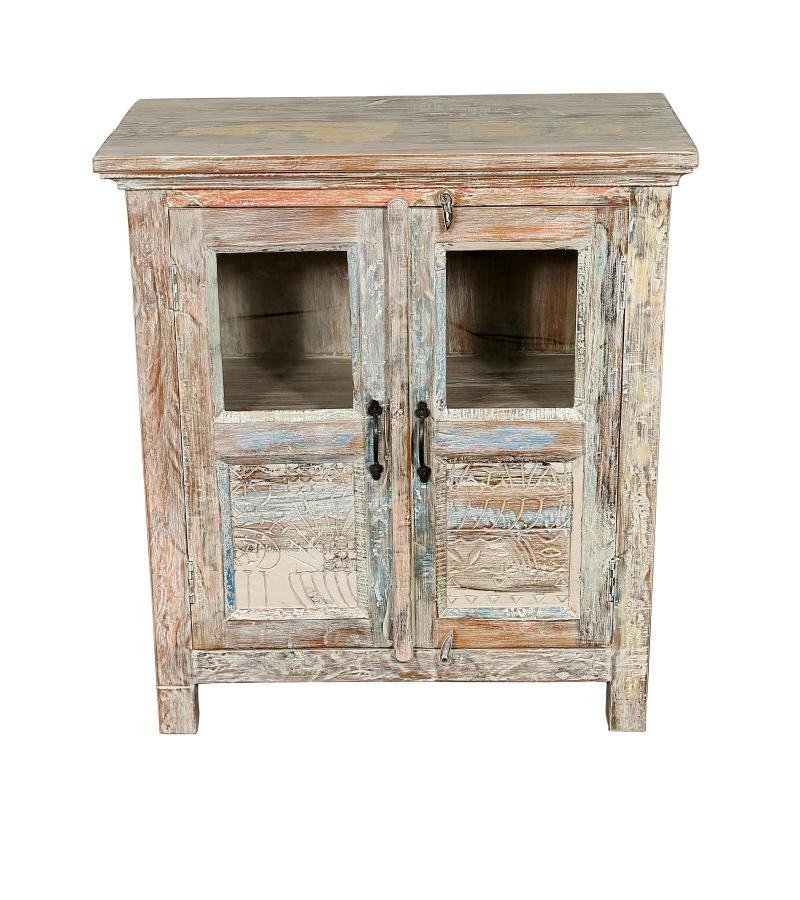 RECLAIMED TEAK CARVED WOOD & GLASS CABINET