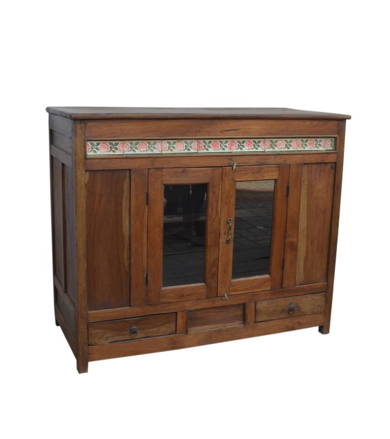 VINTAGE RECLAIMED TEAK & GLASS CABINET W/ INLAID TILE