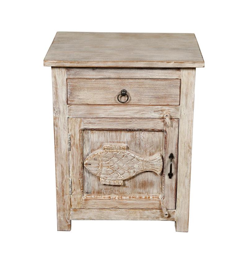 SOLID RECLAIMED TEAK WOOD NIGHTSTAND END TABLE W/ CARVED FISH