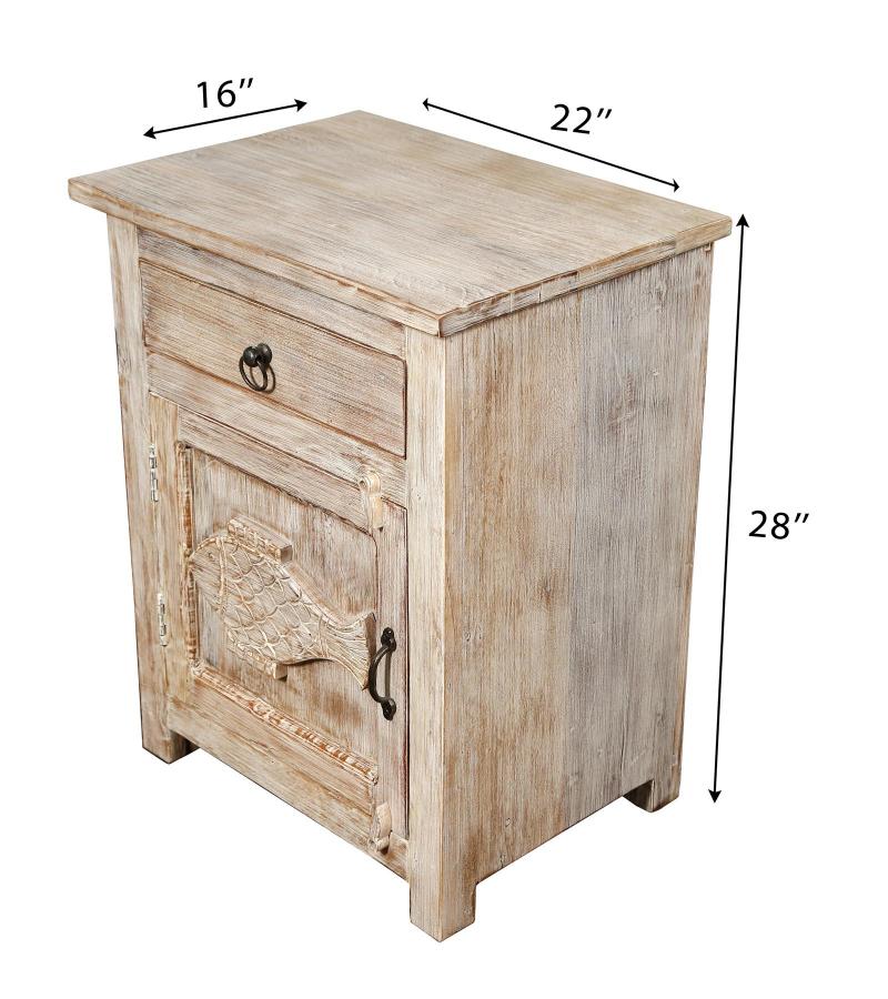 SOLID RECLAIMED TEAK WOOD NIGHTSTAND END TABLE W/ CARVED FISH