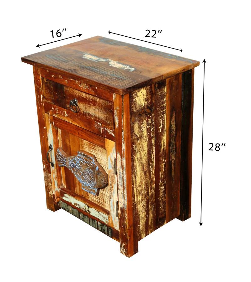 SOLID RECLAIMED TEAK WOOD NIGHTSTAND END TABLE W/ CARVED FISH