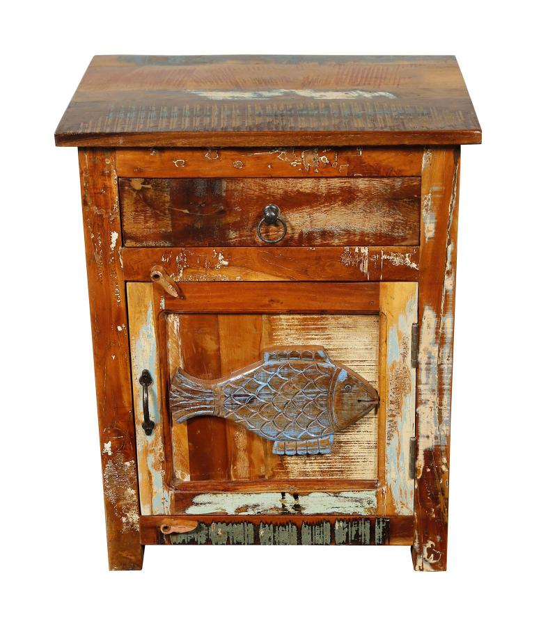 SOLID RECLAIMED TEAK WOOD NIGHTSTAND END TABLE W/ CARVED FISH