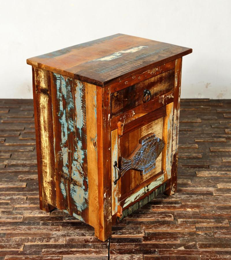 SOLID RECLAIMED TEAK WOOD NIGHTSTAND END TABLE W/ CARVED FISH
