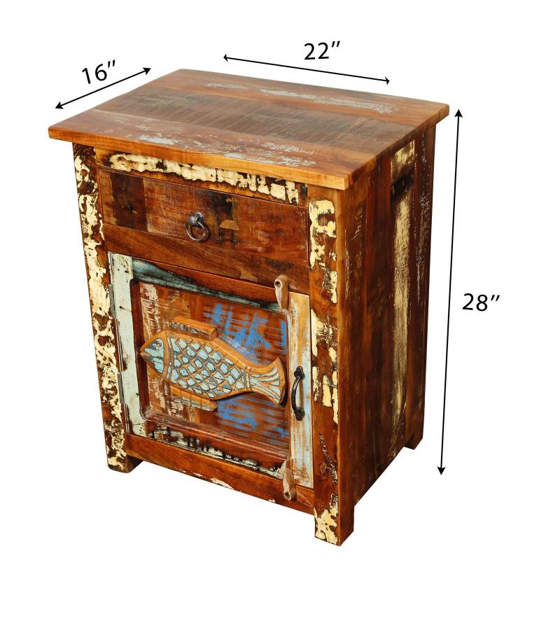 SOLID RECLAIMED TEAK WOOD NIGHTSTAND END TABLE W/ CARVED FISH