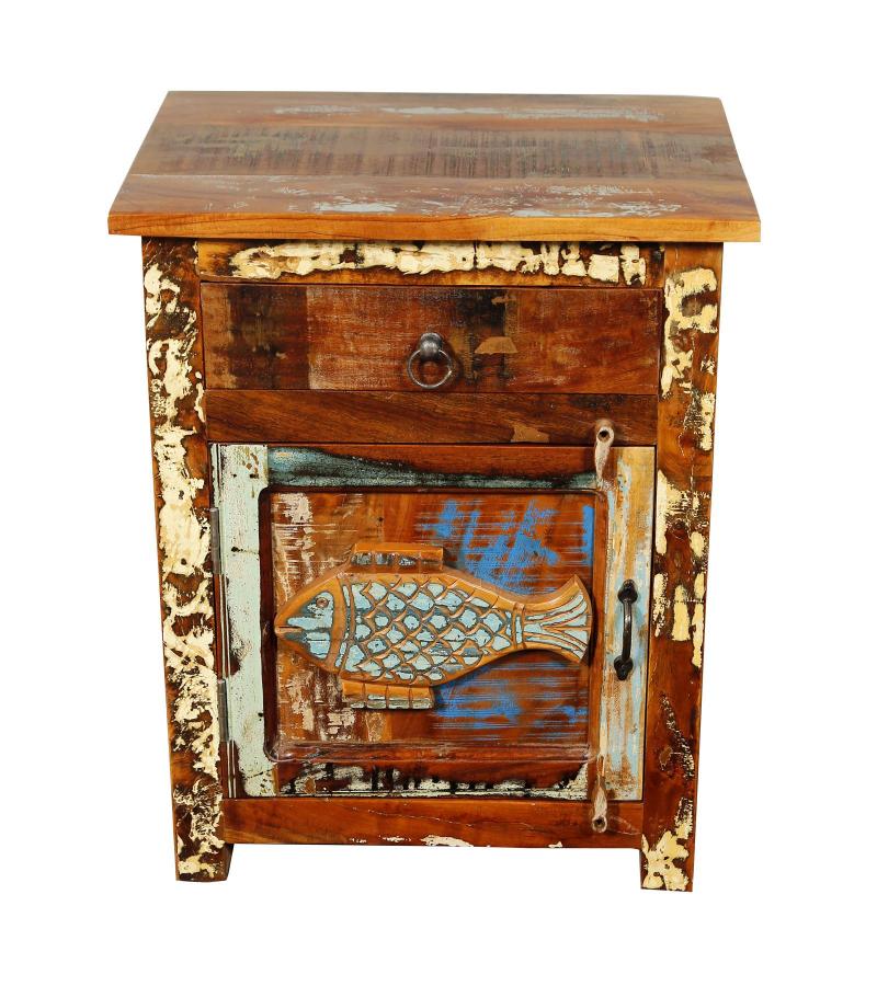 SOLID RECLAIMED TEAK WOOD NIGHTSTAND END TABLE W/ CARVED FISH