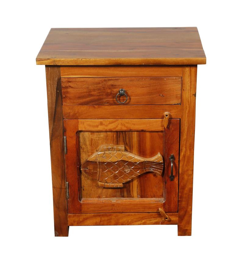 SOLID RECLAIMED TEAK WOOD NIGHTSTAND END TABLE W/ CARVED FISH