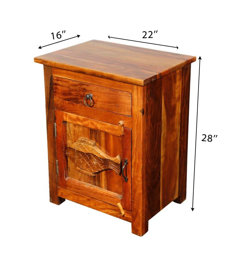 SOLID RECLAIMED TEAK WOOD NIGHTSTAND END TABLE W/ CARVED FISH