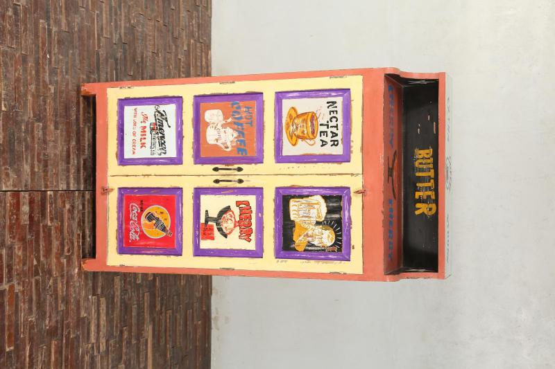 SOLID WOOD HAND PAINTED ADVERTISING 2 DOOR STORAGE CABINET