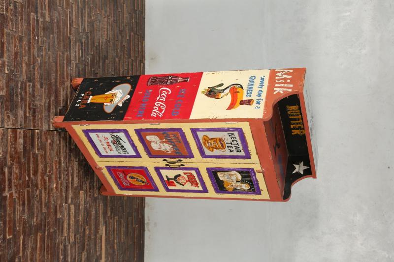 SOLID WOOD HAND PAINTED ADVERTISING 2 DOOR STORAGE CABINET