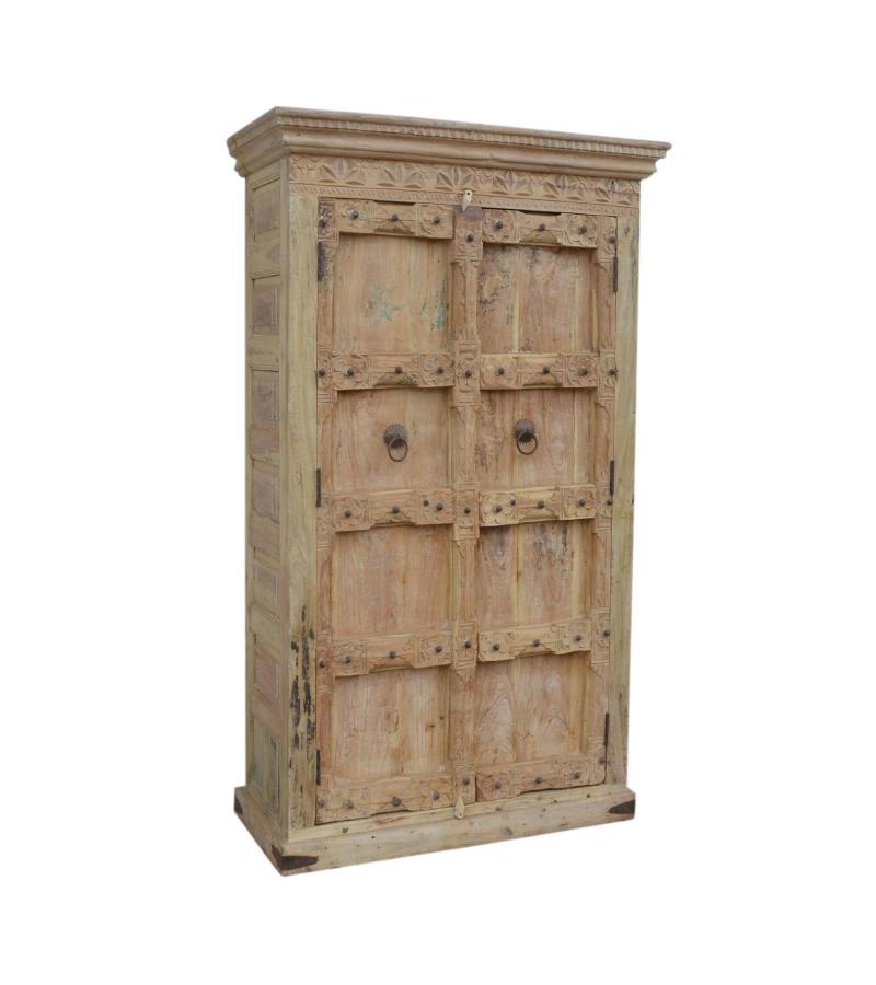 SOLID RECLAIMED CARVED TEAK WOOD CABINET WITH 2 DOORS & SHELVES