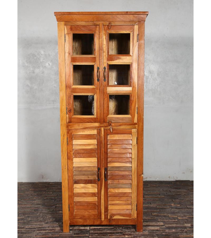 RECLAIMED TEAK 2 PC WOOD & GLASS CABINET
