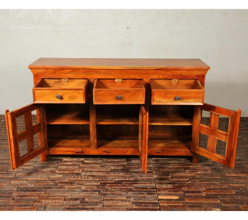 SOLID RECLAIMED TEAK & GLASS 3 DOOR, 3 DRAWER  CABINET CONSOLE SIDEBOARD