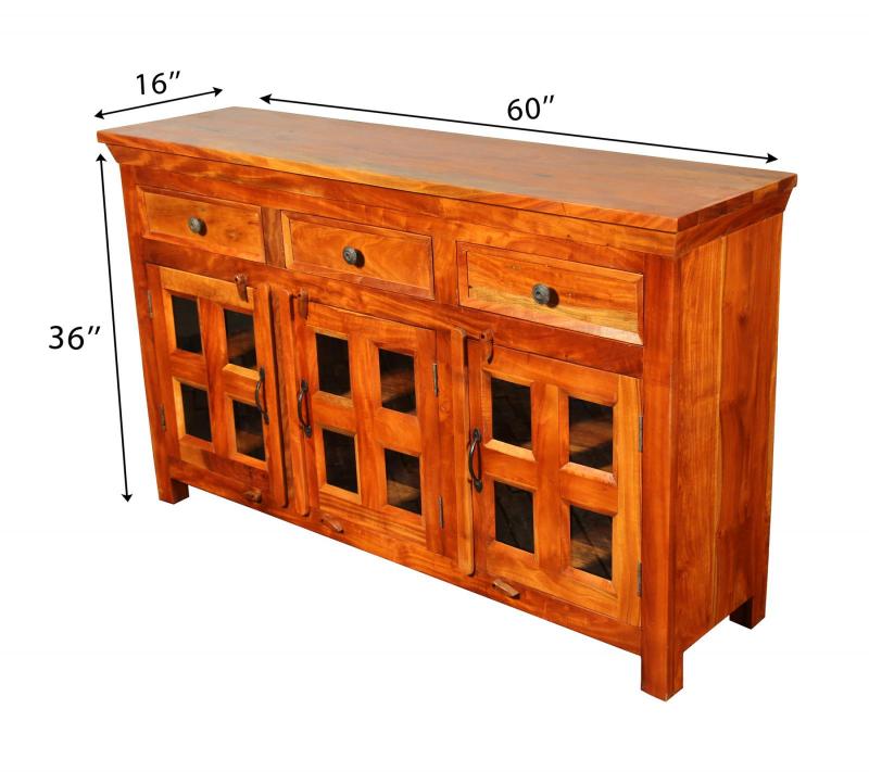 SOLID RECLAIMED TEAK & GLASS 3 DOOR, 3 DRAWER  CABINET CONSOLE SIDEBOARD
