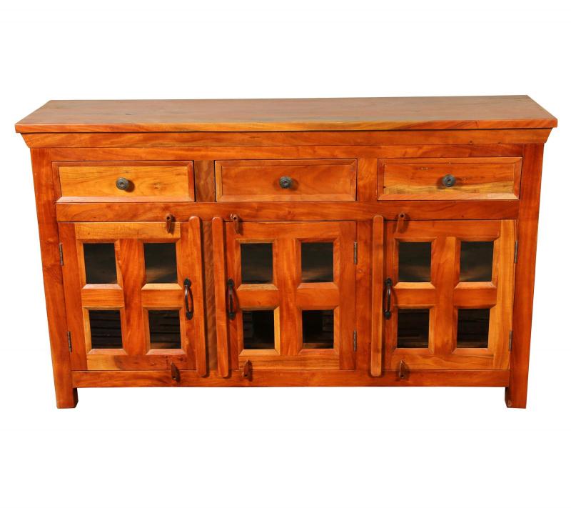 SOLID RECLAIMED TEAK & GLASS 3 DOOR, 3 DRAWER  CABINET CONSOLE SIDEBOARD
