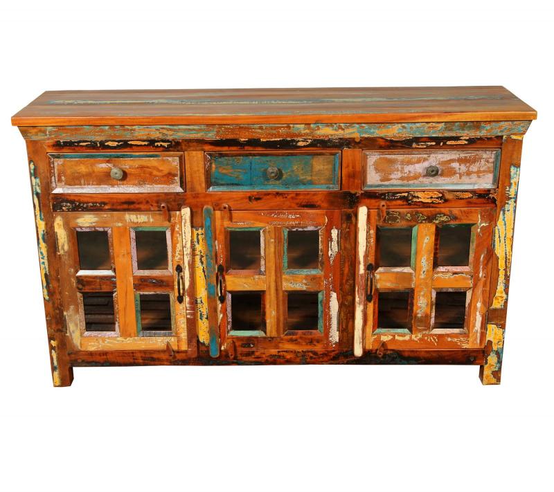 SOLID RECLAIMED TEAK & GLASS 3 DOOR, 3 DRAWER  CABINET CONSOLE SIDEBOARD