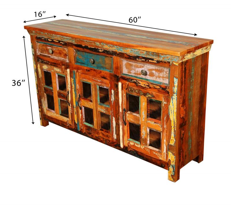SOLID RECLAIMED TEAK & GLASS 3 DOOR, 3 DRAWER  CABINET CONSOLE SIDEBOARD