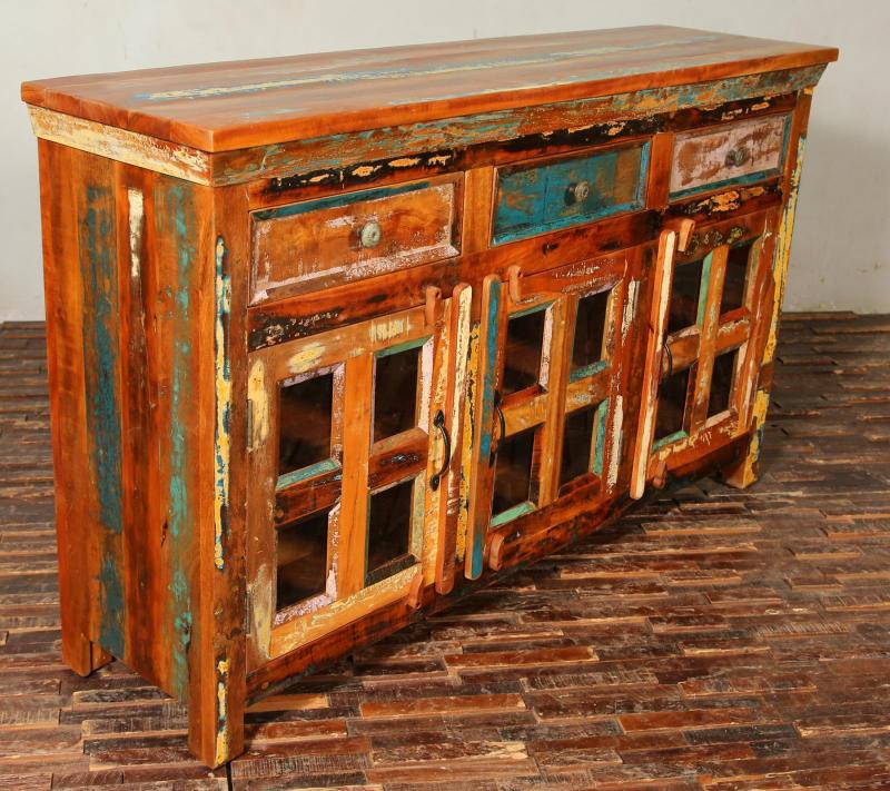 SOLID RECLAIMED TEAK & GLASS 3 DOOR, 3 DRAWER  CABINET CONSOLE SIDEBOARD